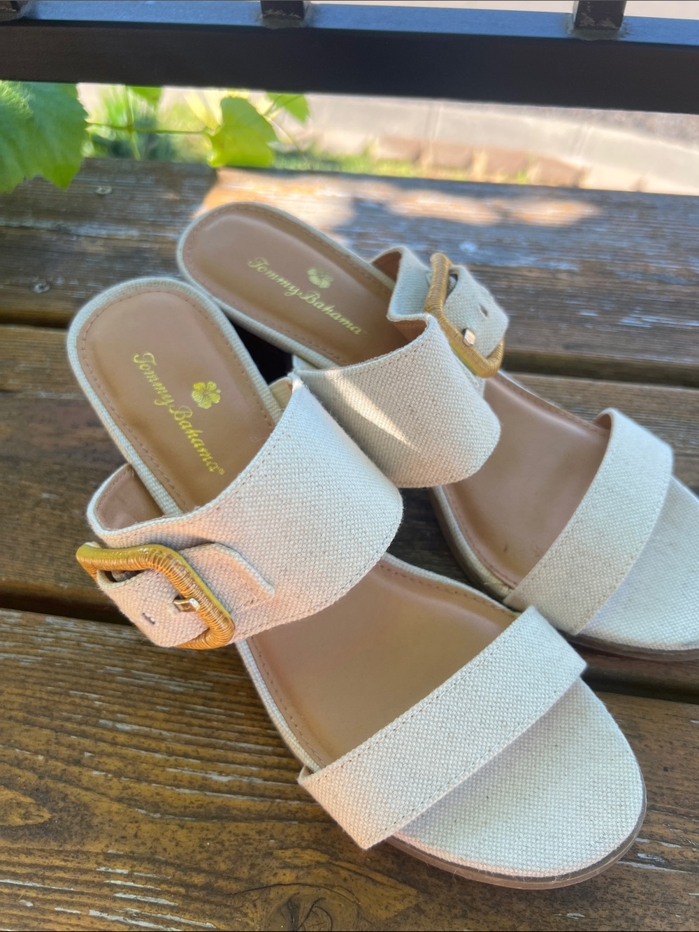 Tommy Bahama Trista Cream Linen Buckle Block Heel Sandals - Picture 7 of 13